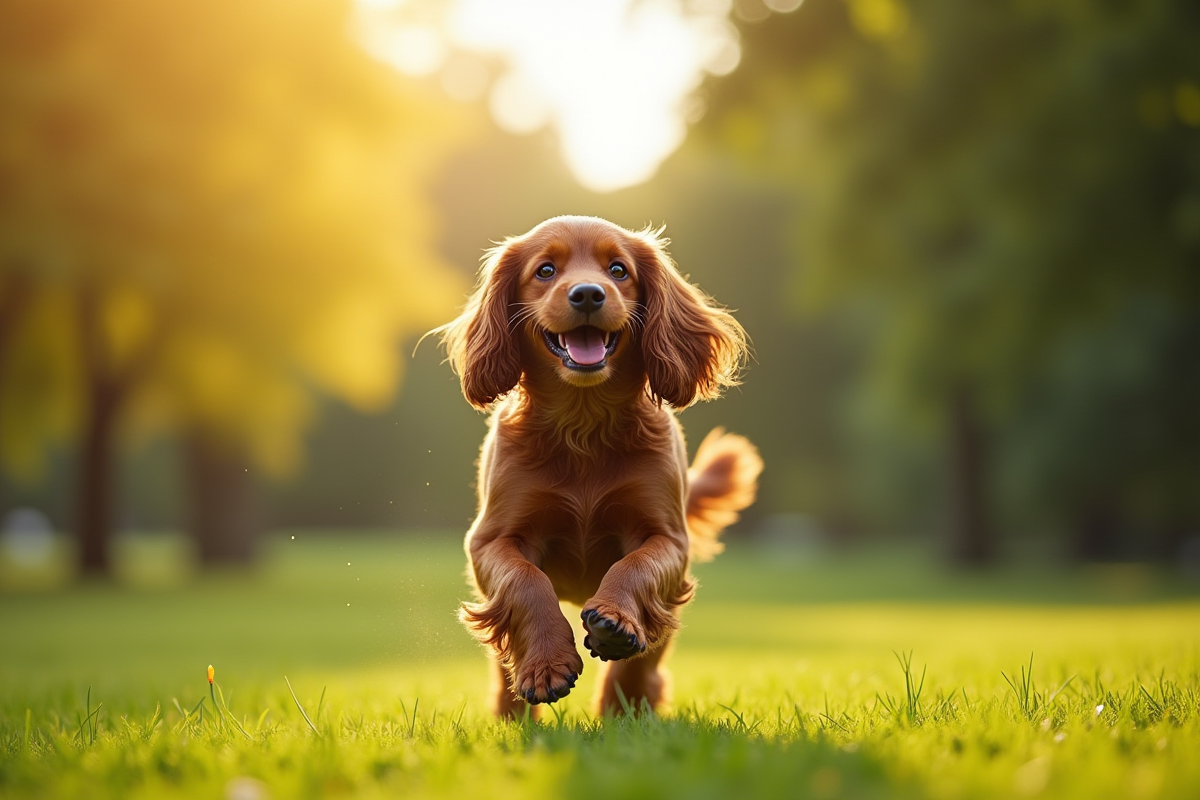 Cocker spaniel jouant dans un parc ensoleille