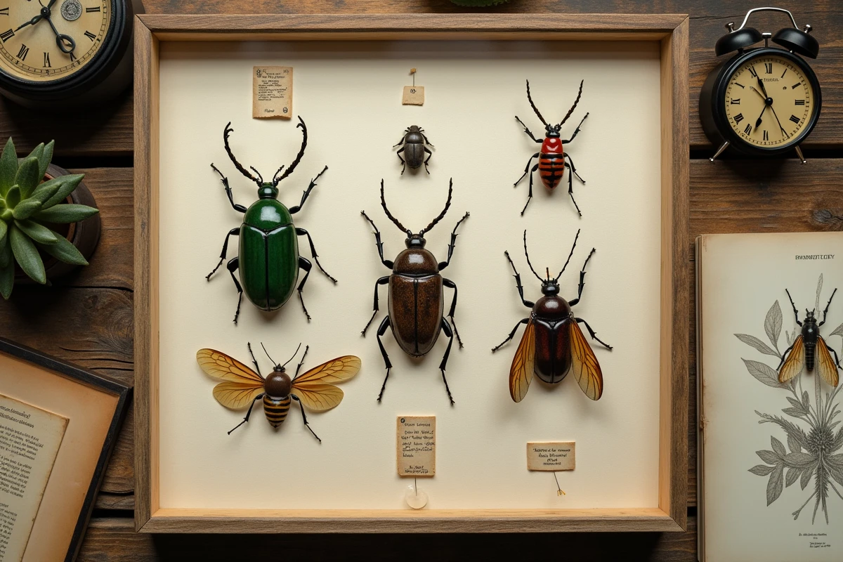 Collection entomologique naturaliste présentant des insectes nuisibles et utiles épinglés sur une table en bois avec un guide de terrain