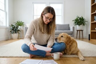 Jeune femme comparant des contrats d'assurance chien avec son golden retriever posant la tête sur ses genoux dans un salon moderne