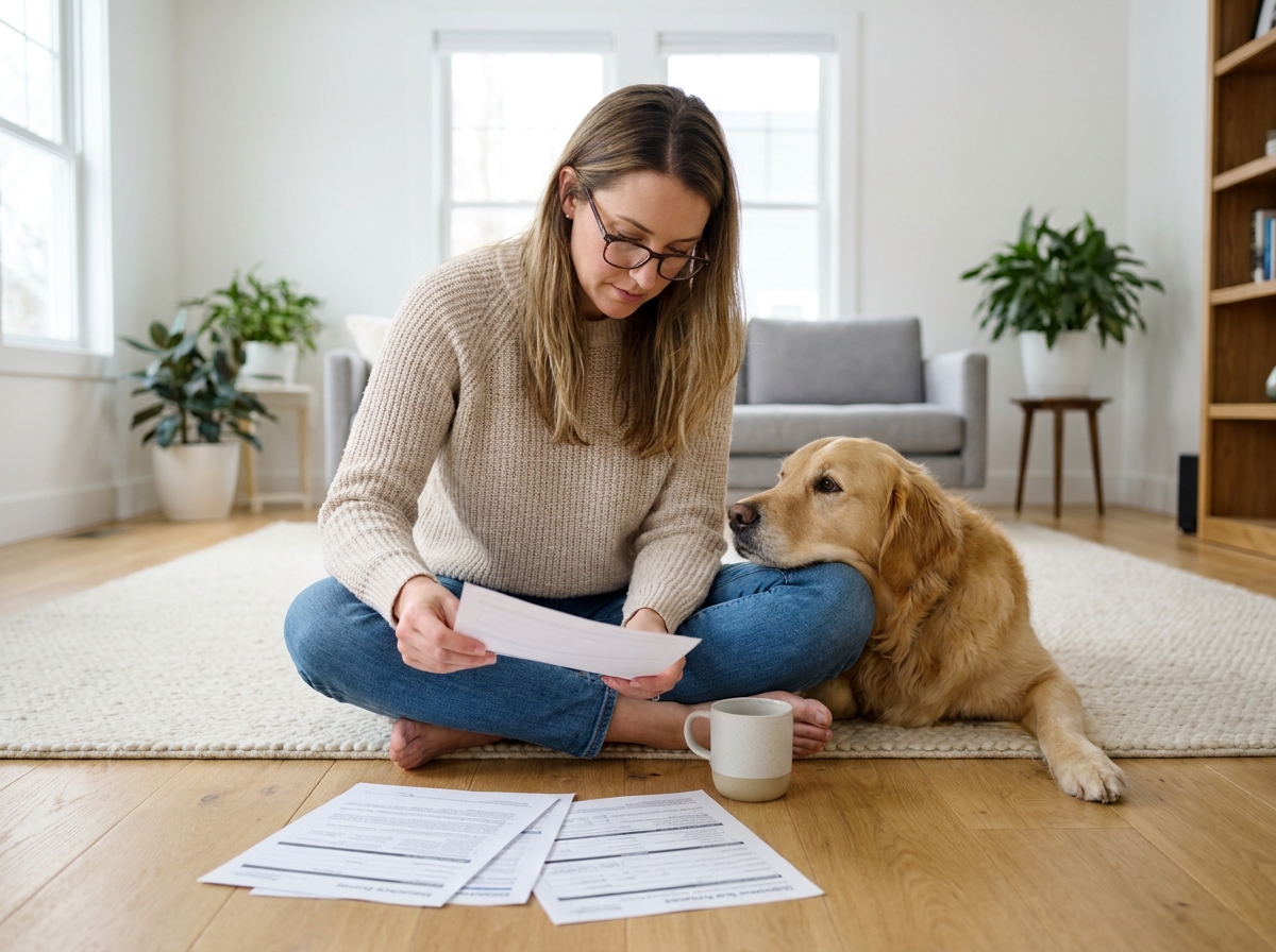 Jeune femme comparant des contrats d'assurance chien avec son golden retriever posant la tête sur ses genoux dans un salon moderne