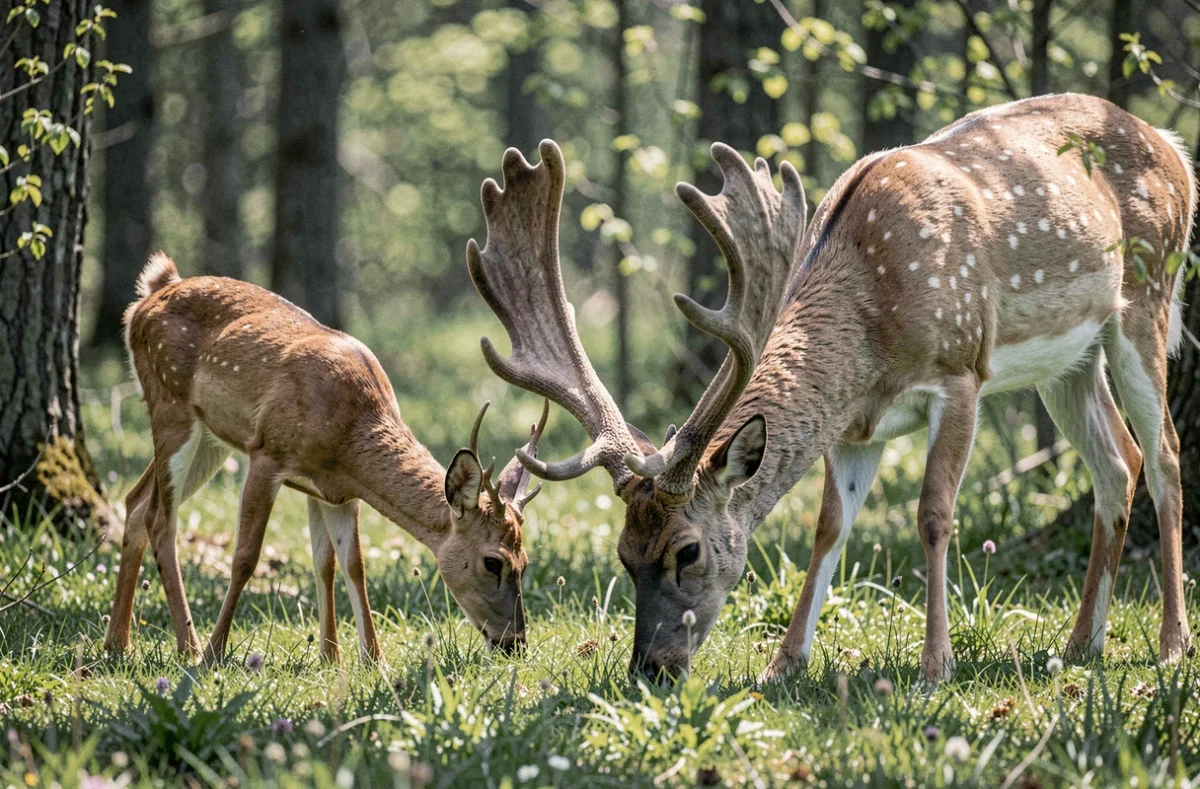 Comparaison côte à côte d'un chevreuil et d'un daim dans une clairière forestière au printemps, différences morphologiques visibles