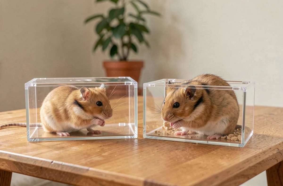 Comparaison côte à côte d'un hamster doré syrien et d'un hamster russe nain sur une table en bois dans un intérieur familial