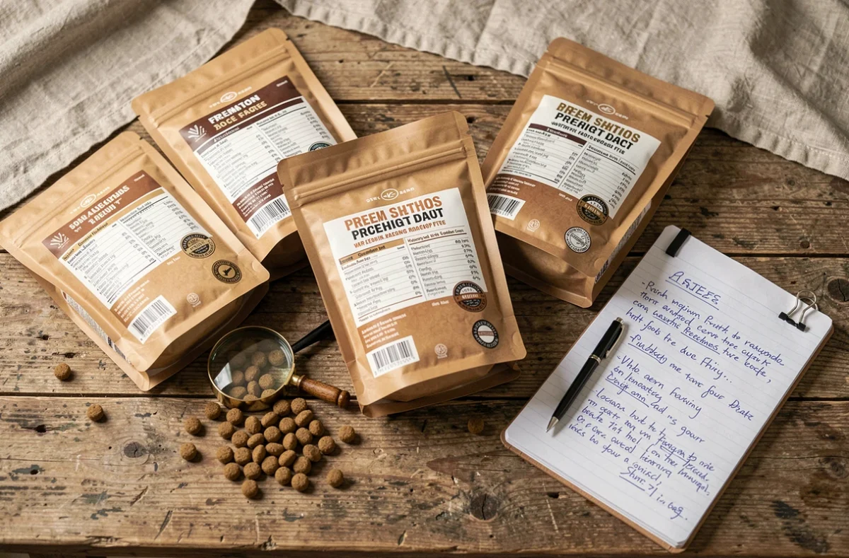 Vue aérienne de plusieurs sacs de croquettes premium pour chien avec ingrédients visibles sur une table en bois
