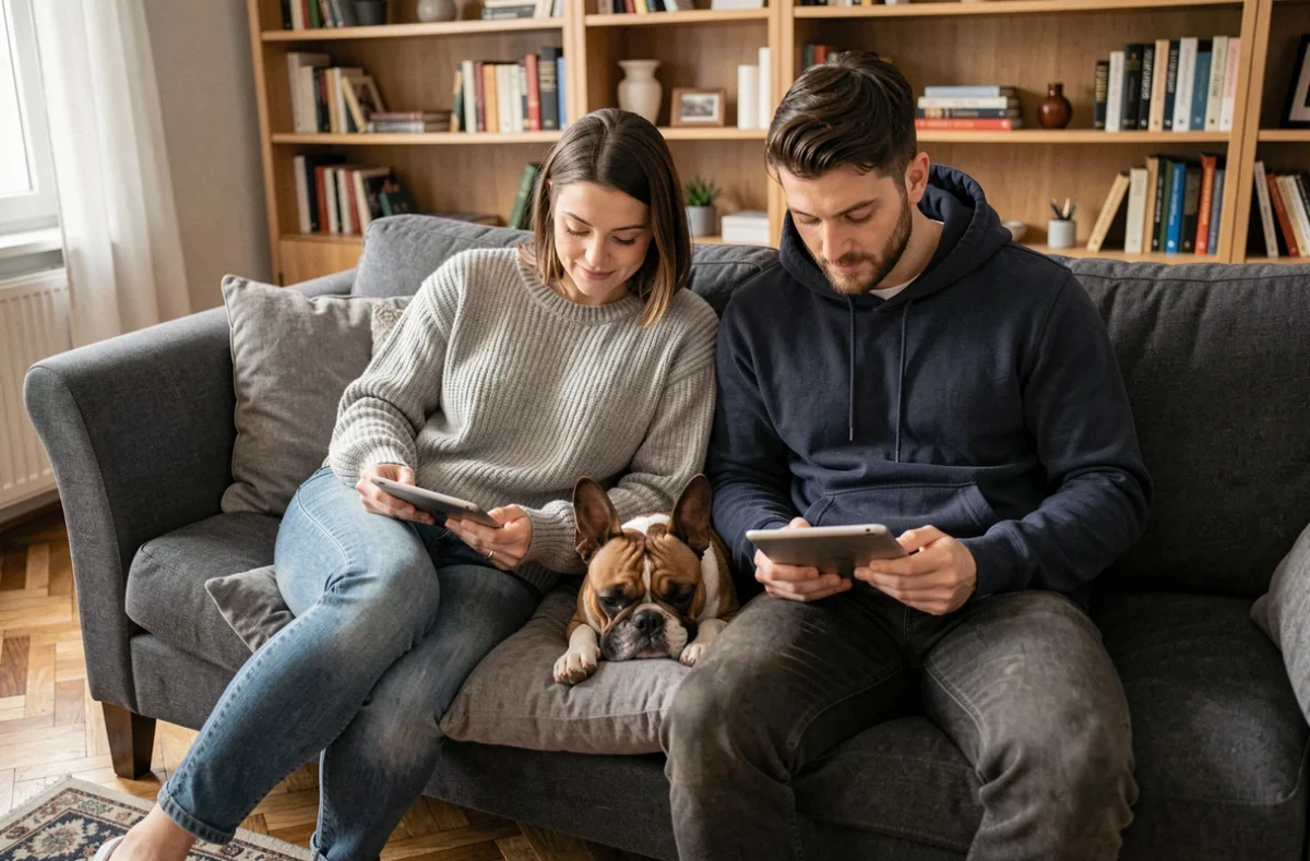 Couple consultant un quiz sur tablette avec leur bouledogue français entre eux sur le canapé, illustration du quiz de sélection de race de chien selon le mode de vie