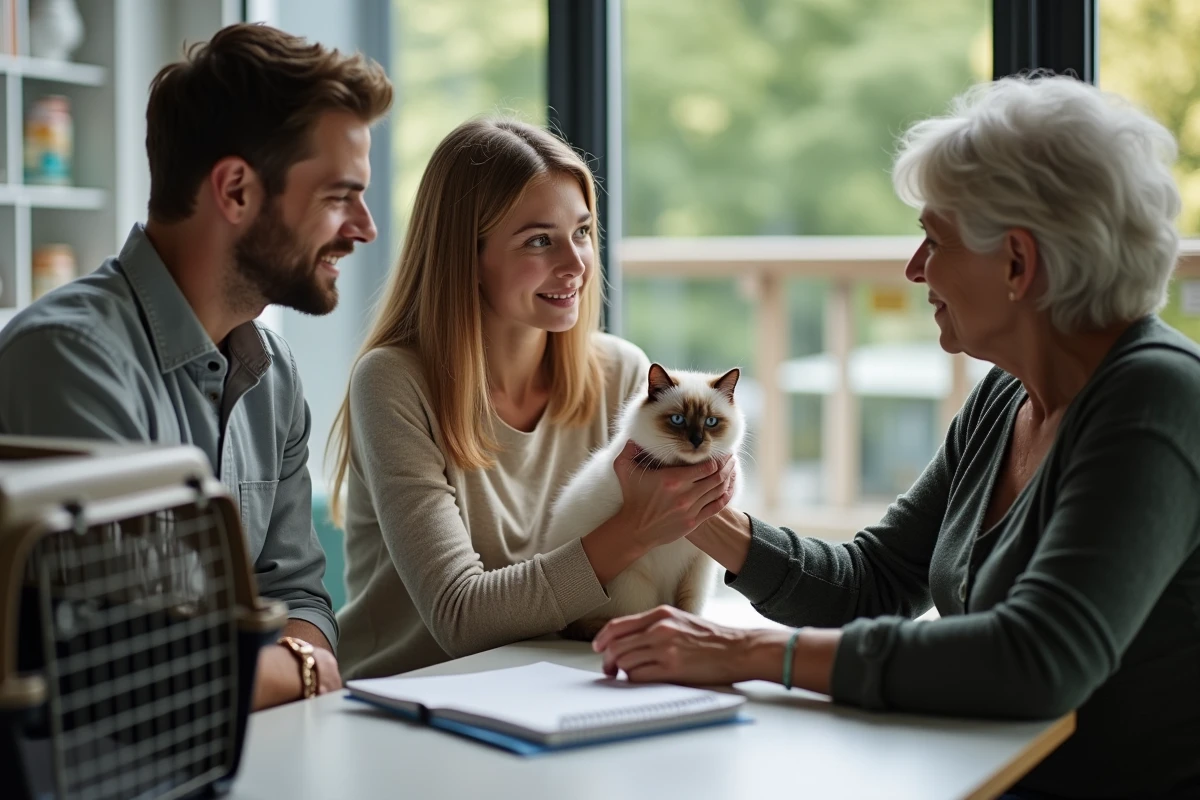 Jeune couple observant un chat Sacré de Birmanie en cattery