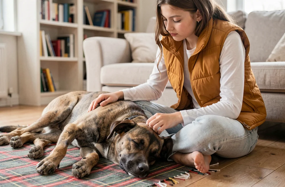 Adolescente câlinant un croisé Labrador Malinois allongé sur une couverture dans un salon, illustrant le lien affectif et l'équilibre comportemental du chien