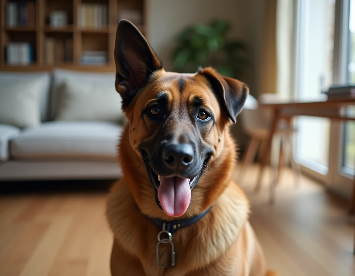 Croisé Malinois Labrador assis dans un appartement moderne, pelage mixte bringé, expression détendue et regard expressif