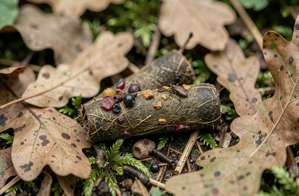 Crottes de blaireau en gros plan sur le sol forestier, montrant leur forme cylindrique, couleur brun-olive et texture fibreuse caractéristiques