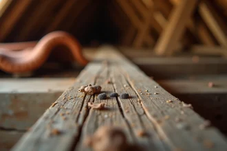 Crottes de fouine sur une poutre en bois dans un grenier de maison ancienne