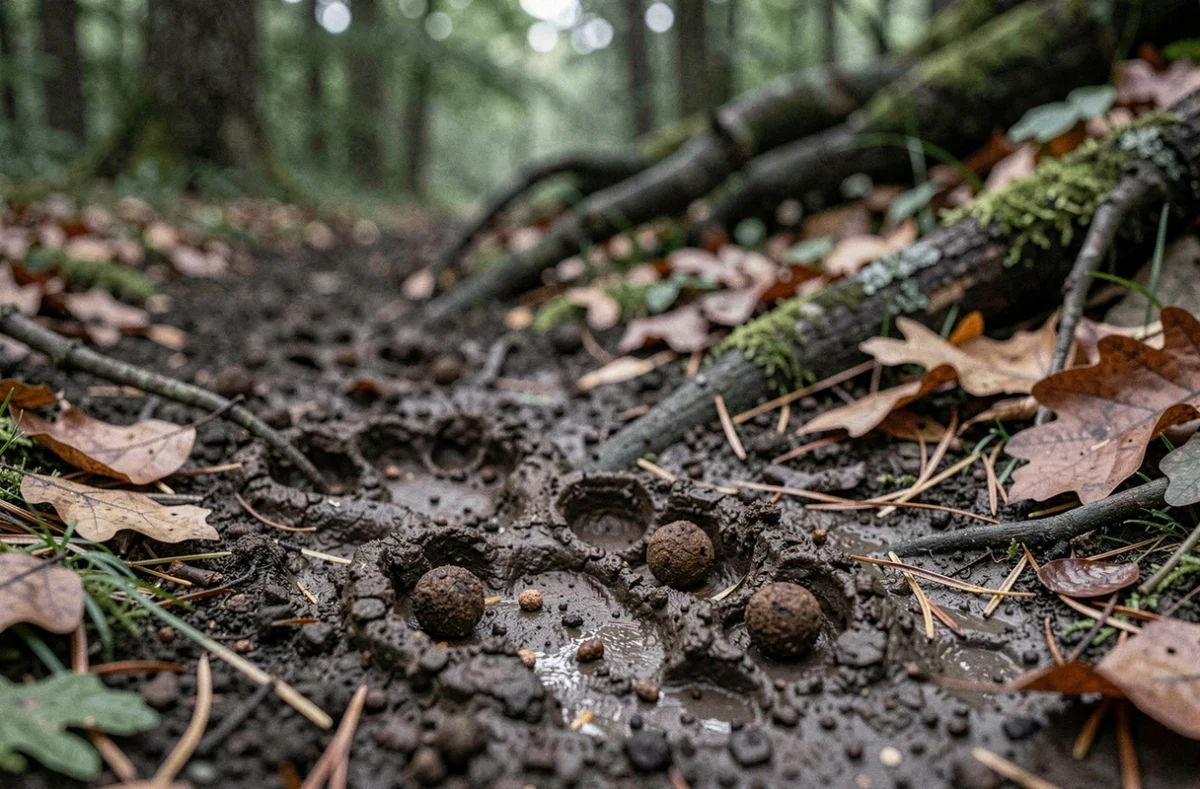 Crottes de sanglier sur un sentier forestier boueux avec empreintes visibles dans la forêt de chênes