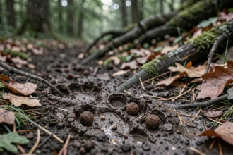 Crottes de sanglier sur un sentier forestier boueux avec empreintes visibles dans la forêt de chênes