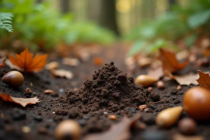 Crottes de sanglier sur le sol forestier entourées de feuilles mortes et d'empreintes de sabots en forêt de chênes