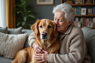 Femme âgée avec son retriever doré dans un salon chaleureux