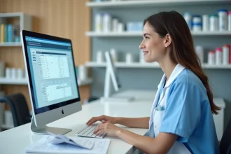 Jeune vétérinaire débutante apprenant le logiciel GmVet sur ordinateur à la réception d'une clinique vétérinaire