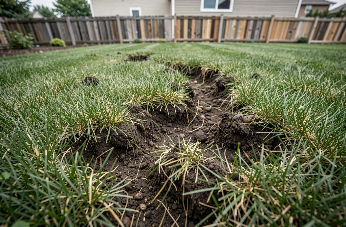 Dégâts de sanglier dans un jardin résidentiel avec crottes et gazon retourné visibles