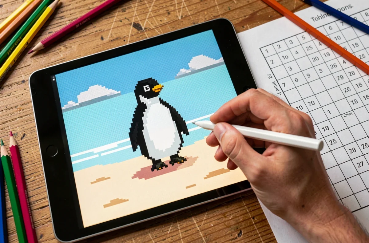Gros plan sur un écran de tablette affichant le pixel art Manchot Plage Pix avec une feuille d'exercice et des crayons de couleur