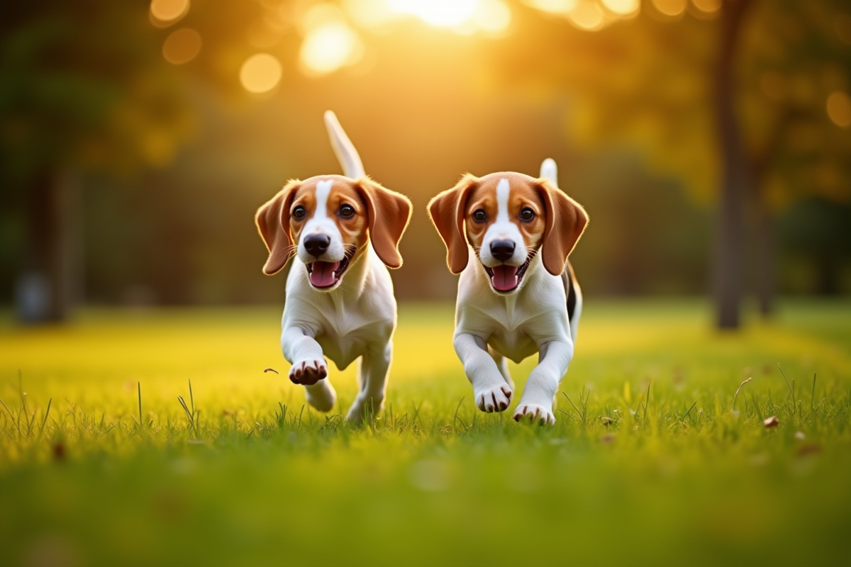 Deux beagles courant dans un parc vert en automne