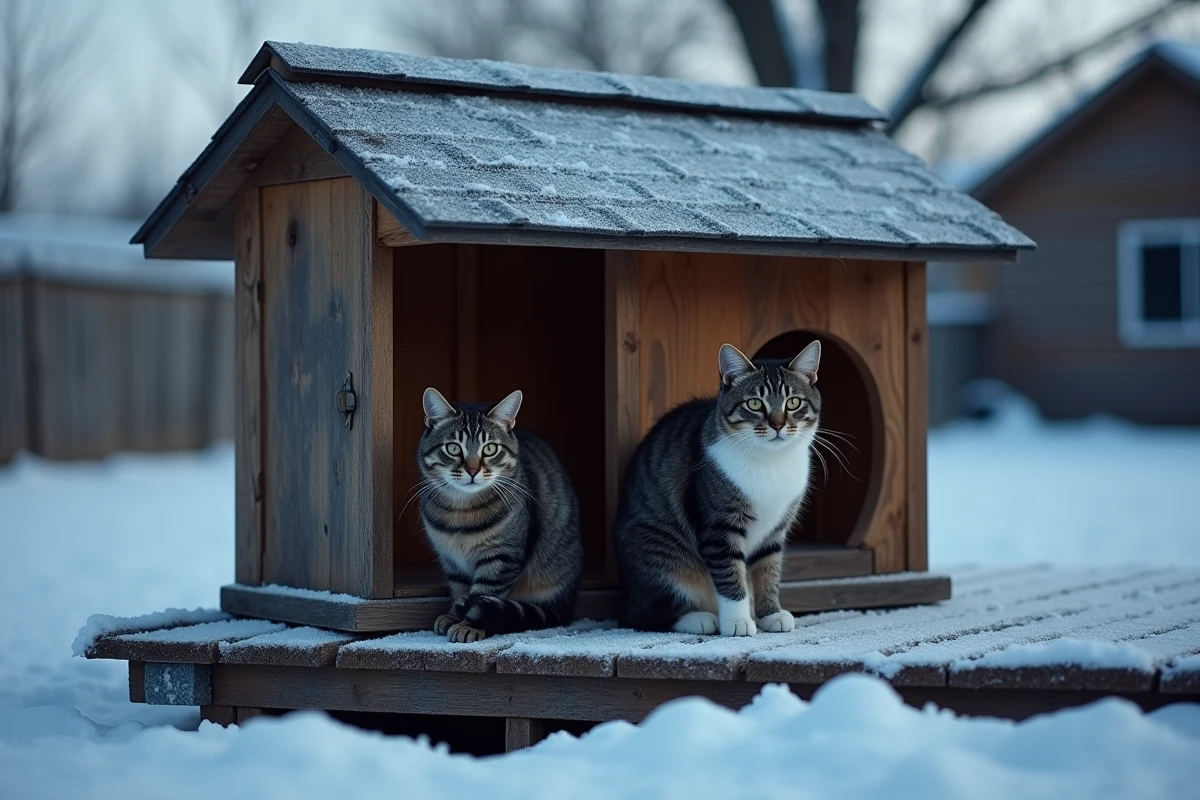 Deux chats partageant un grand abri extérieur isolé avec toit en bardeaux sur une terrasse givrée en hiver à la campagne