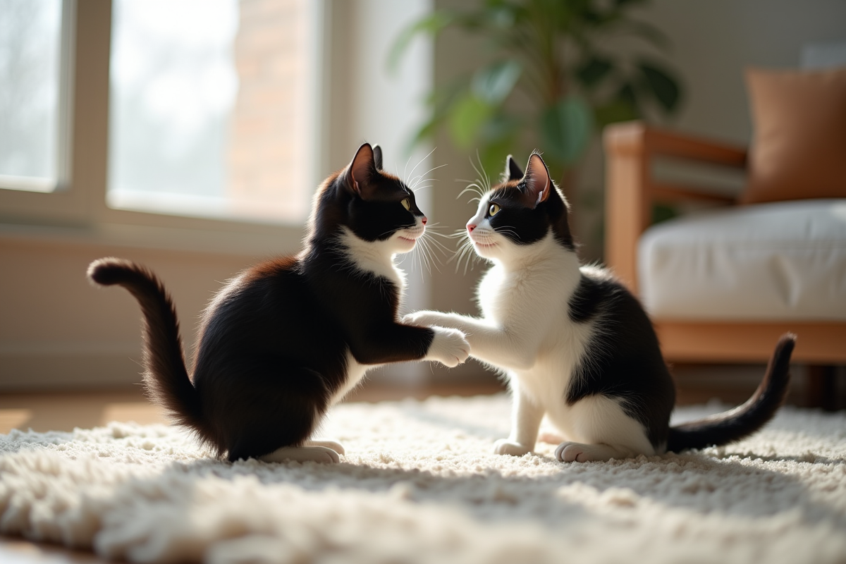 Deux chats noir et blanc jouent sur un tapis moderne lumineux