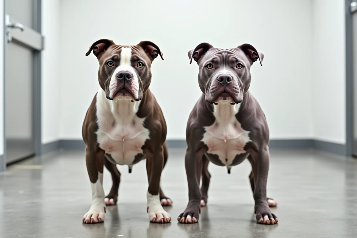 Deux Pocket American Bully tricolore et lilas présentés dans un élevage professionnel propre