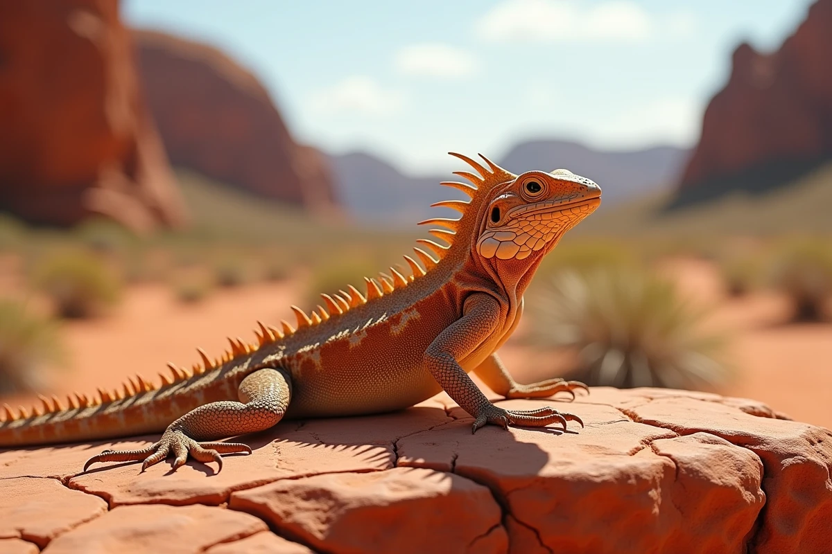 Diable épineux (Moloch horridus) sur roche rouge en Australie, lézard rare aux écailles défensives extraordinaires