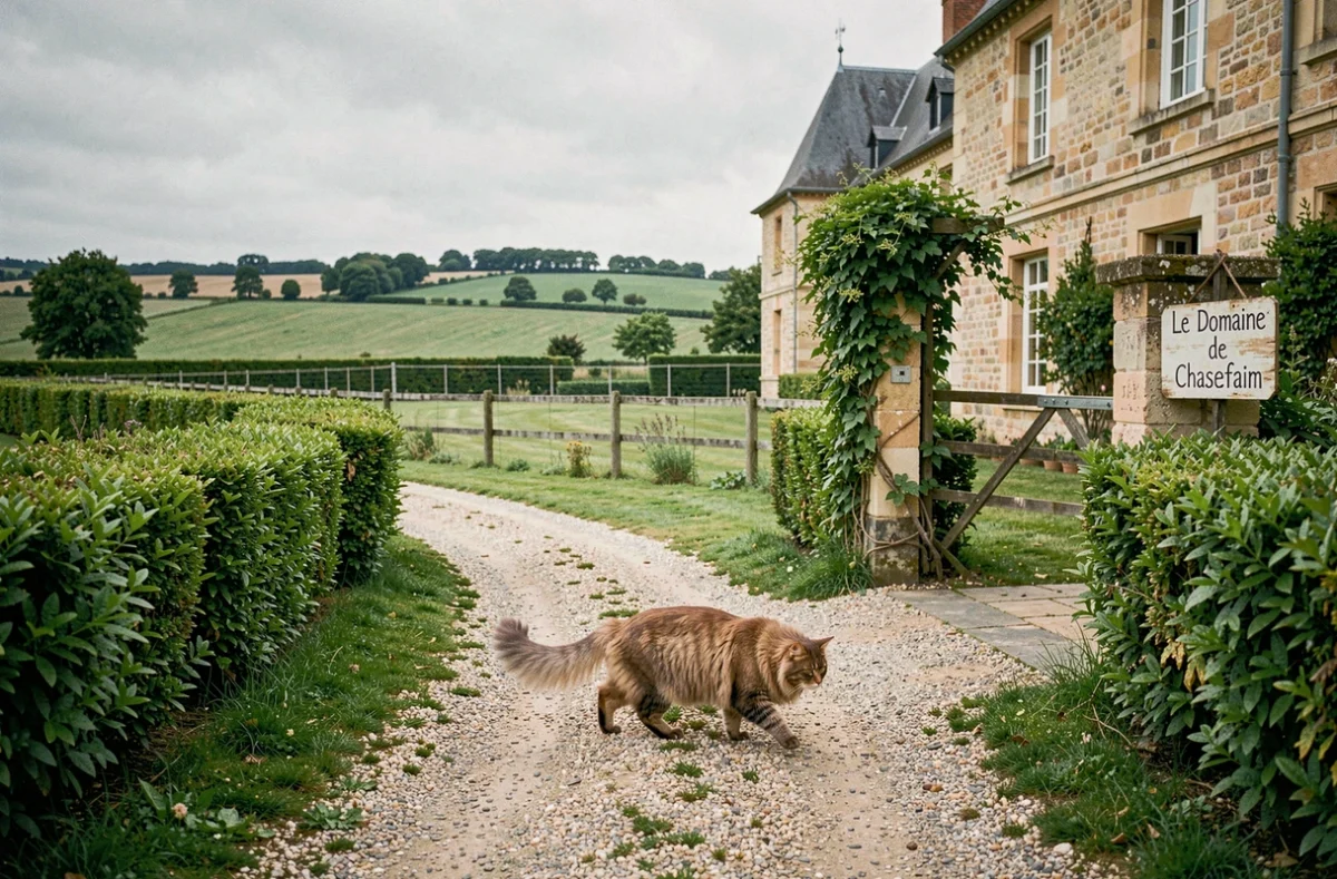 Un chat de forêt norvégienne explorant l'enclos extérieur verdoyant du Domaine de Chassefaim, pension animalière en Seine-et-Marne, avec le manoir en pierre visible en arrière-plan
