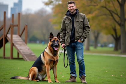 Dresseur adulte avec chien malinois en extérieur