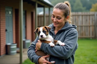 Dresseuse de chiens avec un chiot Staffordshire en extérieur