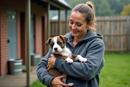 Dresseuse de chiens avec un chiot Staffordshire en extérieur