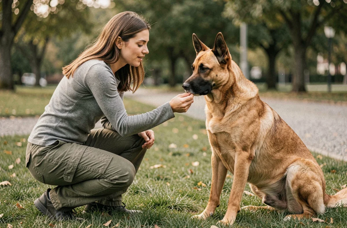 Femme éduquant un croisé Labrador Malinois assis dans un parc lors d'une séance d'entraînement positive