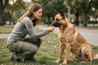 Femme éduquant un croisé Labrador Malinois assis dans un parc lors d'une séance d'entraînement positive