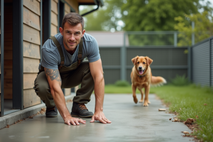 Eleveur de chiens inspectant le sol en béton extérieur
