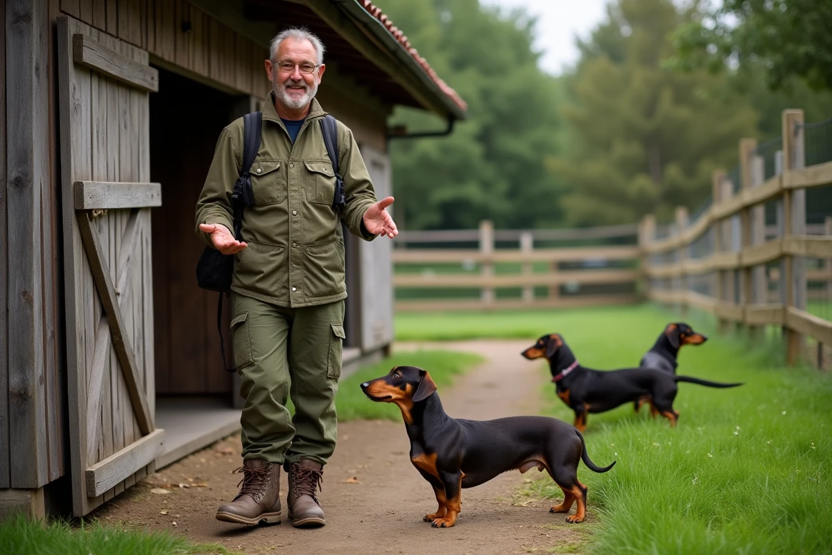 Eleveur de dachshunds dans son élevage en plein air