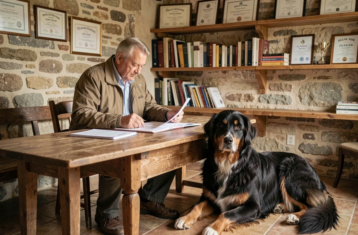 Éleveur d'Eurasier consultant les documents de pedigree et les certifications officielles dans son élevage français