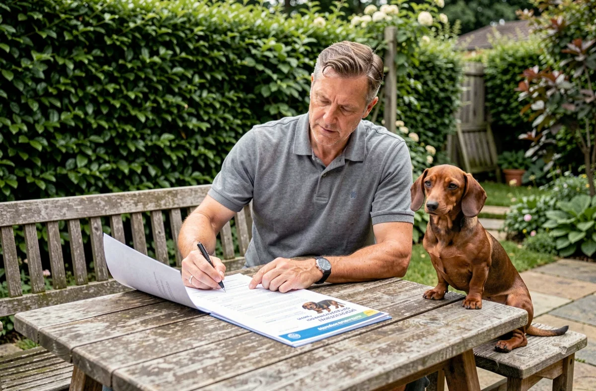 Éleveur de teckel nain présentant les documents officiels et le carnet de santé du chiot dans son jardin