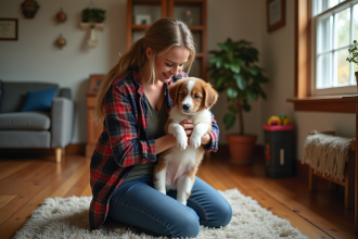 Eleveuse de chiens avec un chiot dans un salon chaleureux
