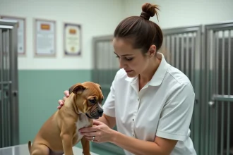 Éleveuse sérieuse de Bulldog Pocket examinant un chiot dans un chenil professionnel certifié