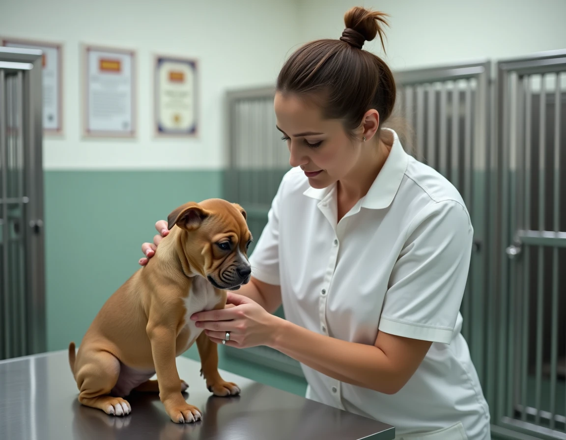 Éleveuse sérieuse de Bulldog Pocket examinant un chiot dans un chenil professionnel certifié