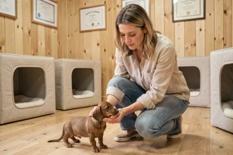 Éleveuse de teckels nains examinant un chiot dans une salle de whelping propre et organisée