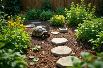 Enclos naturel pour tortue avec plantes comestibles comme pissenlit, trèfle et plantain dans un jardin aménagé