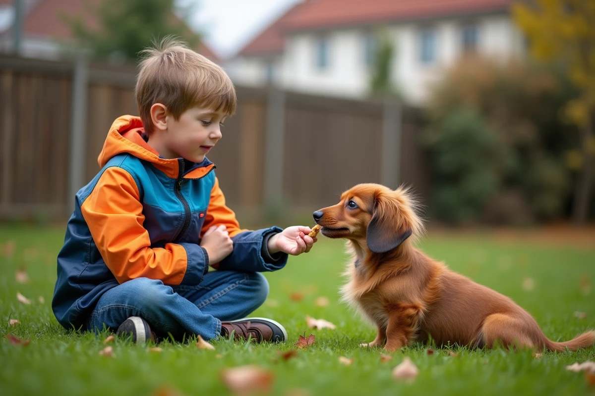 Garçon jouant avec un chiot dachshund dans le jardin