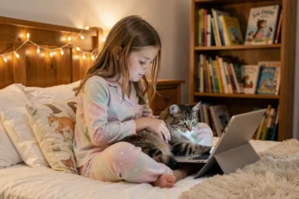 Jeune fille en pyjama caressant un chat tigré sur son lit pendant la routine du soir avec une tablette