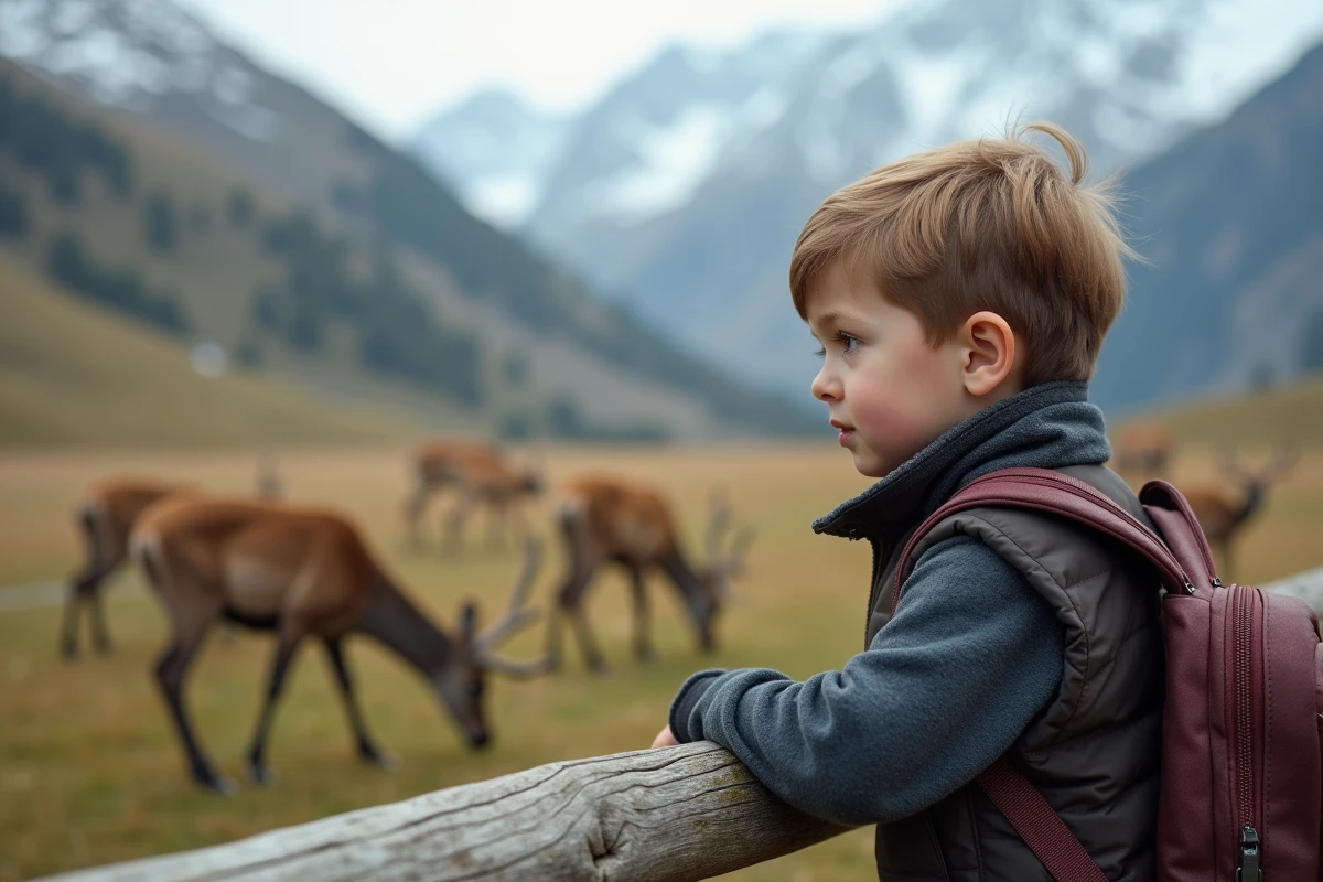 Enfant émerveillé observant des cervidés dans un enclos d'un parc animalier savoyard