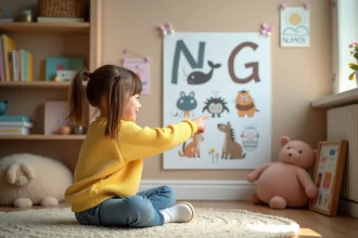 Jeune fille pointant un poster illustré d'animaux en N sur le mur dans une salle d'apprentissage colorée