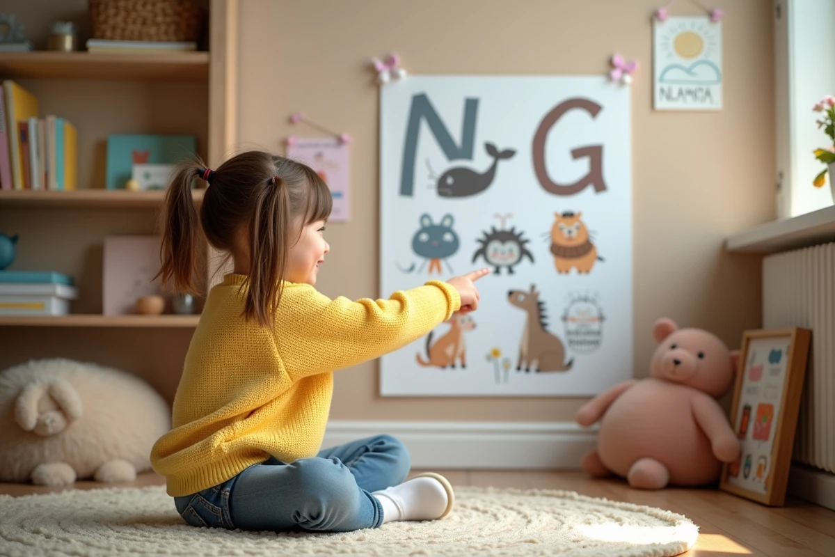 Jeune fille pointant un poster illustré d'animaux en N sur le mur dans une salle d'apprentissage colorée