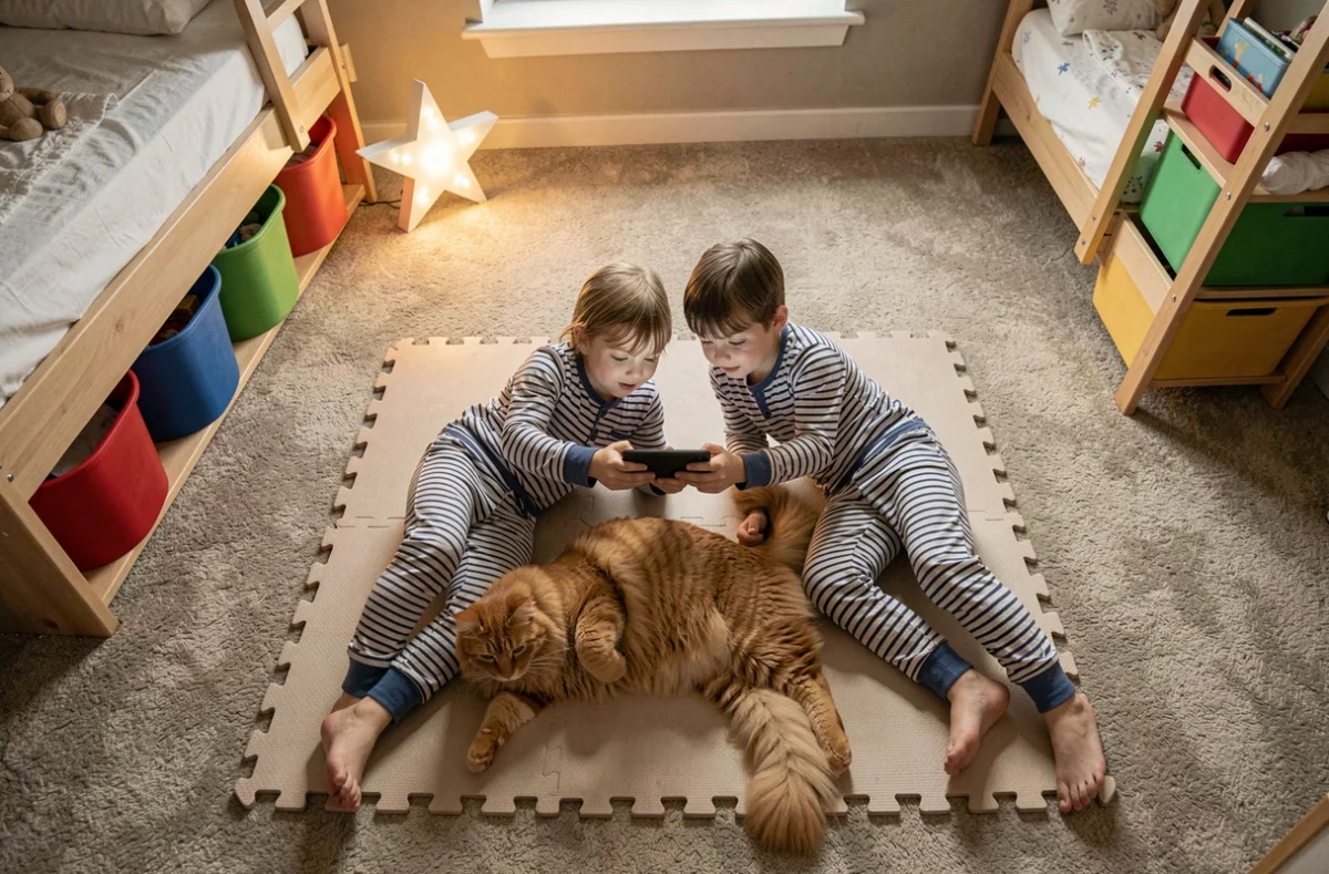Deux enfants en pyjama allongés sur un tapis avec un grand chat roux regardant une vidéo avant de dormir