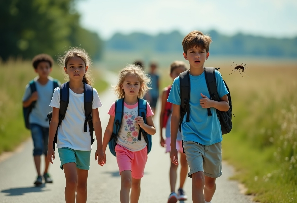 Enfants inquiets face à un moustique posé sur un bras