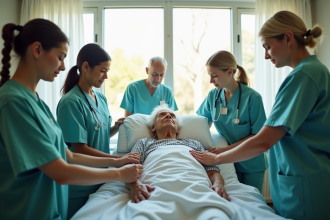 Professionnels de santé soignant un patient en soins palliatifs
