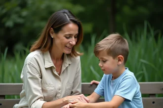 Femme adulte examinant calmement le bras d'un enfant après une morsure d'orvet dans un jardin verdoyant