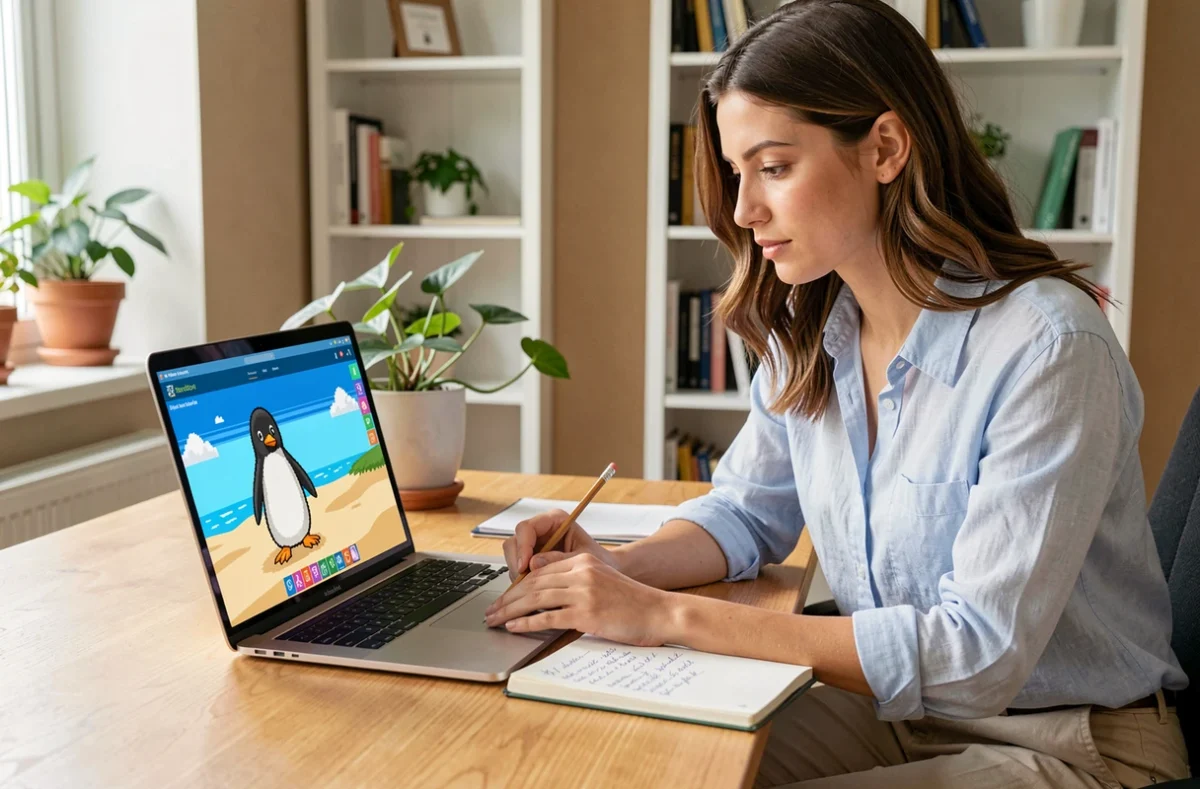 Jeune femme travaillant sur l'exercice image Manchot Plage Pix sur son ordinateur portable dans un bureau à domicile moderne